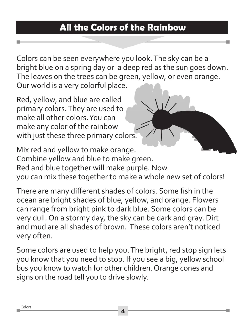 Colors article opening explains primary colors, color mixing, shades, and how colors on signs help people