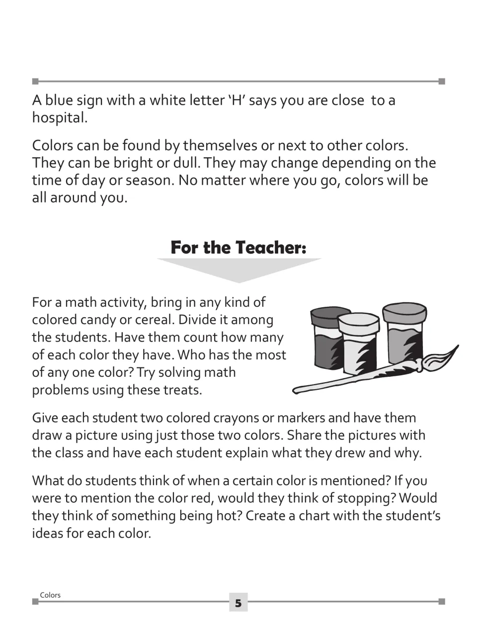 Colors article concludes with teacher activities for counting colored treats, drawing, and charting color associations
