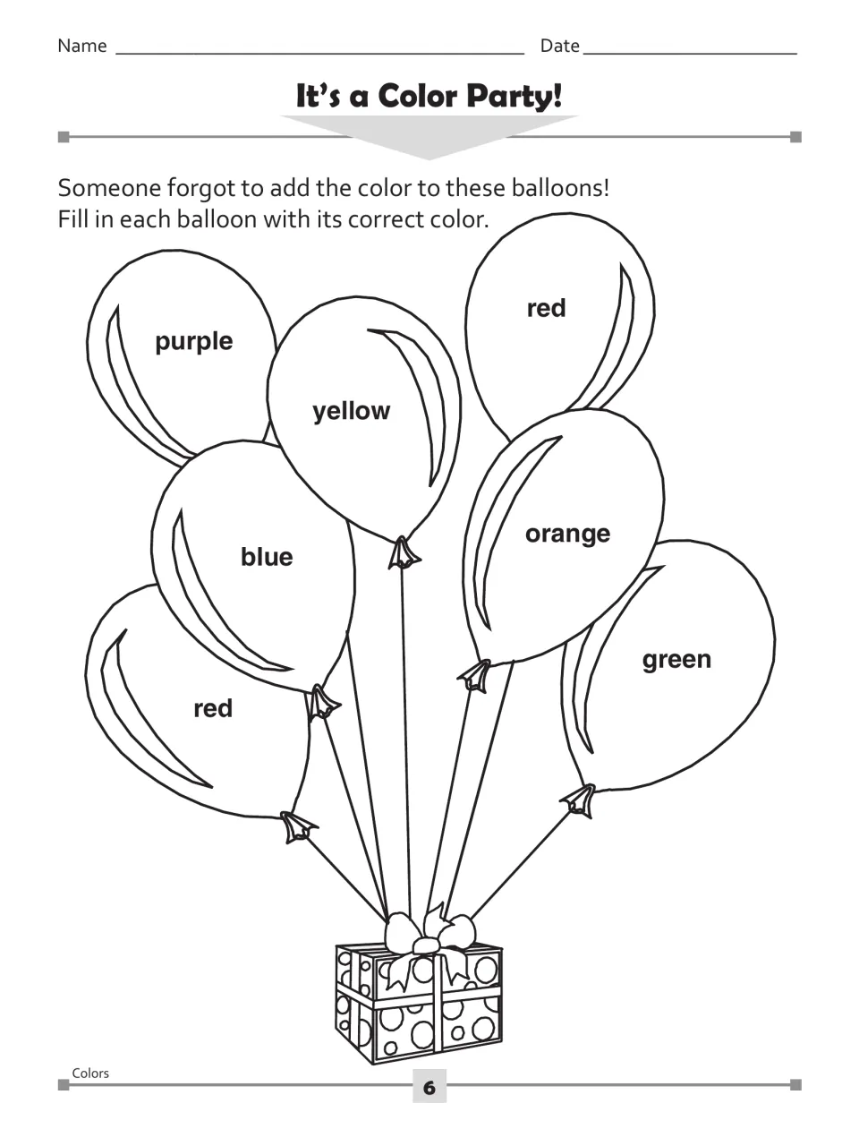 Colors activity asks students to color seven balloons labeled purple, yellow, red, blue, orange, red, and green