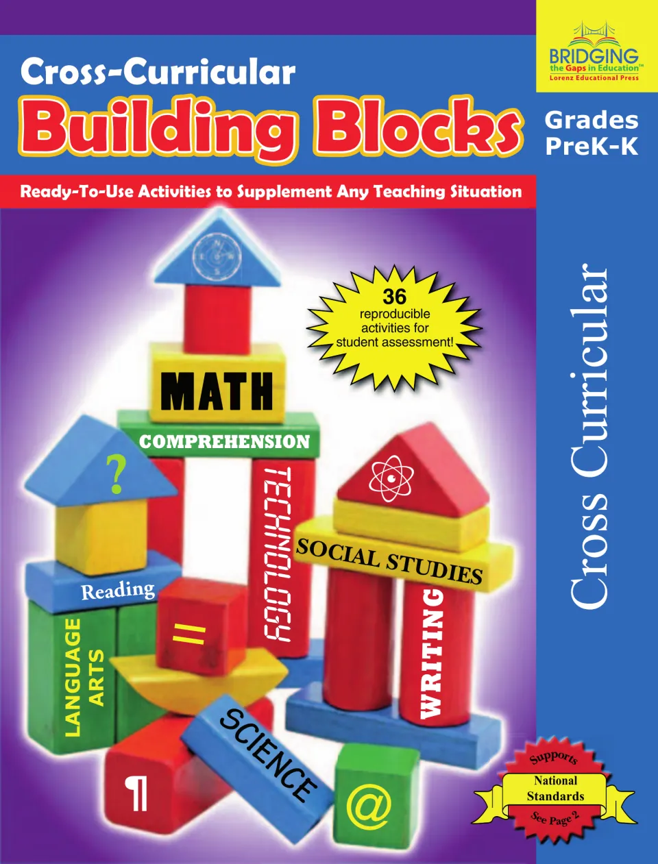 Cover: Cross-Curricular Building Blocks, Grades PreK-K, 36 reproducible activities shown on subject-labeled toy blocks