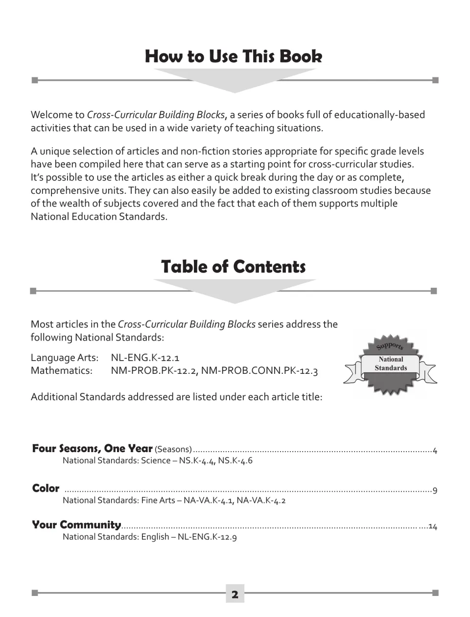 How to Use This Book and table of contents listing Four Seasons, Color and Your Community units with national standards