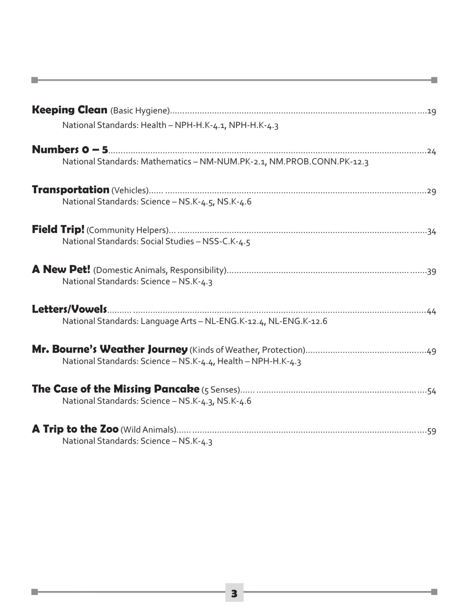 Table of contents, continued: units from Keeping Clean and Numbers 0-5 through A Trip to the Zoo, each with standards