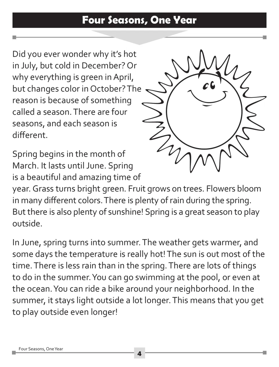 Four Seasons, One Year reading passage: why seasons change, plus spring and summer weather and outdoor activities