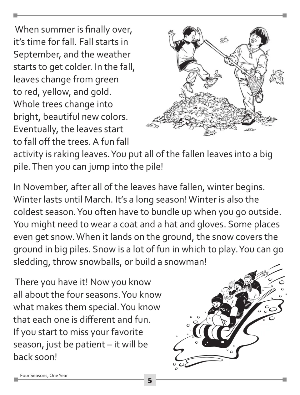 Seasons passage, part two: fall leaves changing color and winter snow, with children shown raking leaves and sledding