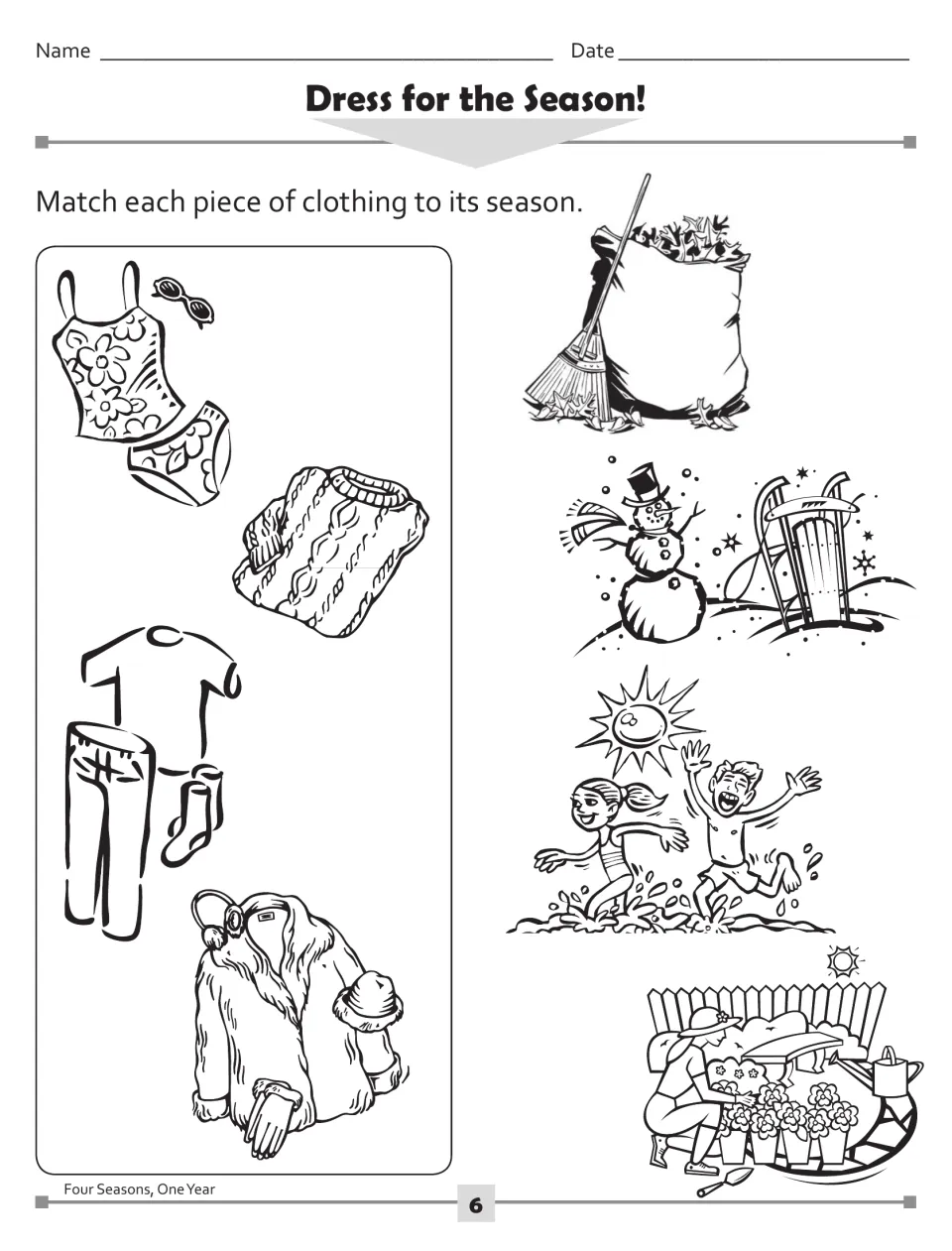 Dress for the Season! matching: students match a swimsuit, sweater, shirt and jeans, and winter coat to four season scenes