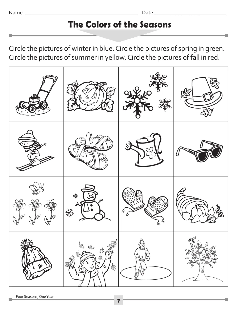 The Colors of the Seasons: students circle 16 pictures in blue, green, yellow or red for winter, spring, summer or fall