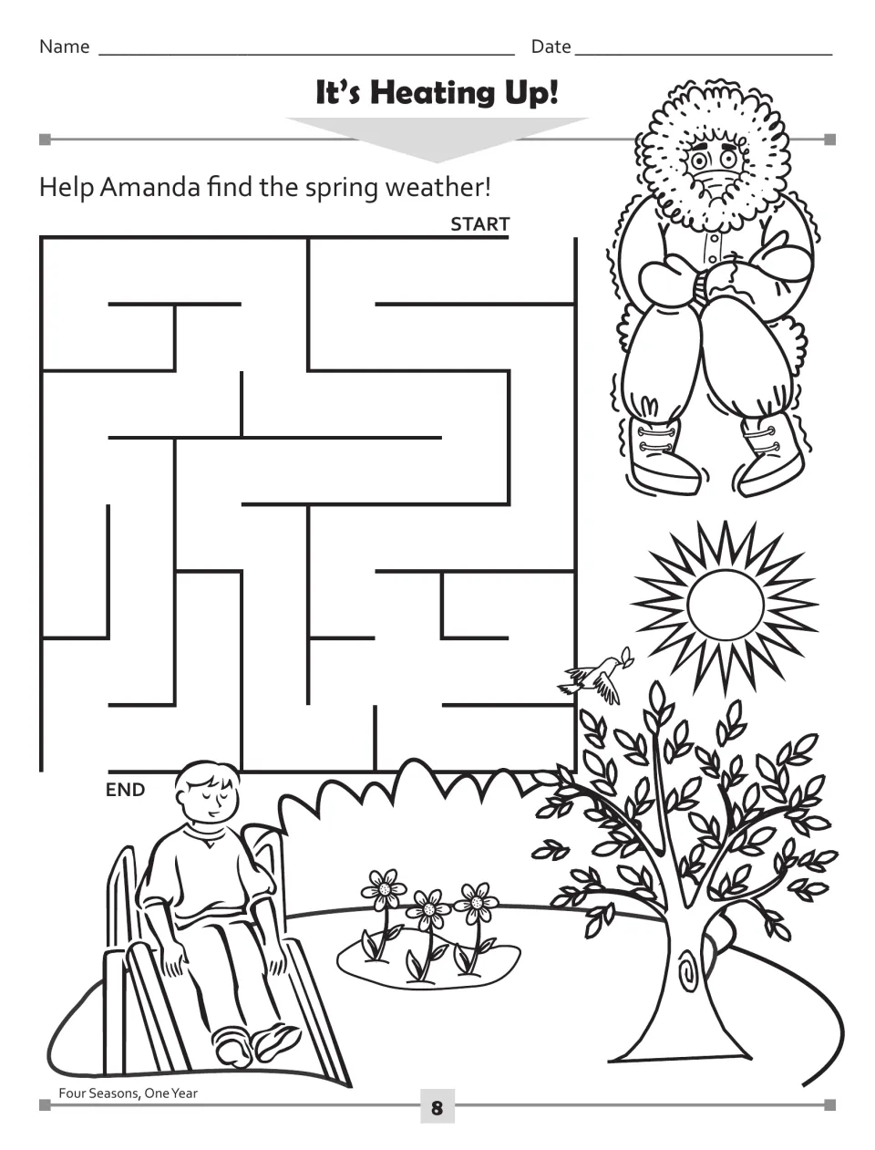 It's Heating Up! maze: students trace a path from START to END to help a bundled-up Amanda reach a sunny spring park