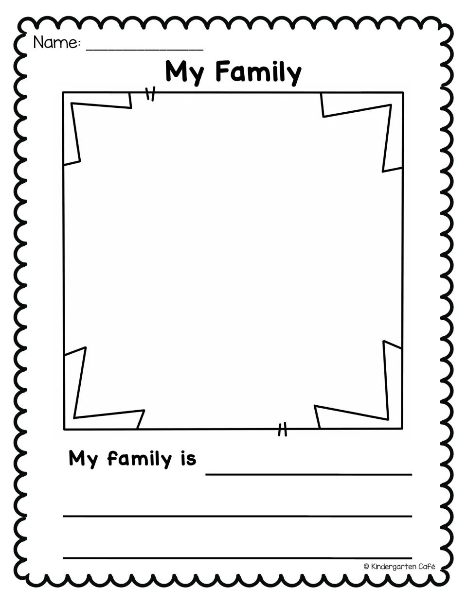 My Family: students draw a family portrait in a taped photo frame and finish the sentence starter 'My family is...'