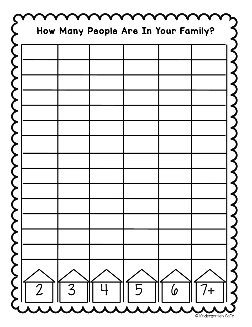 How Many People Are In Your Family? Class bar graph: students color a box above 2, 3, 4, 5, 6 or 7+ to show family size