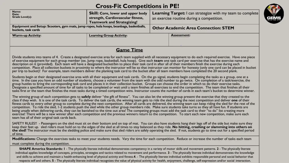 PE competition lesson directions explain teams of four, exercise task cards, scoring, sled rides, and safety.