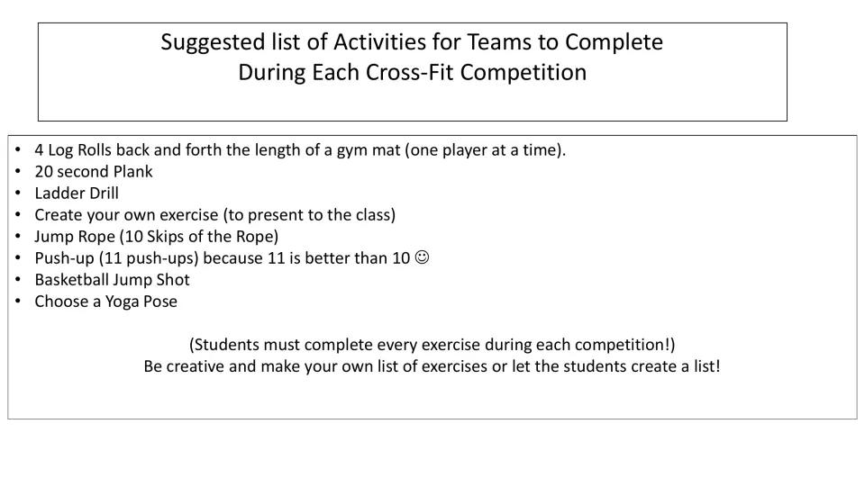 Suggested competition activities include log rolls, a plank, a ladder drill, jump rope, and four more tasks.