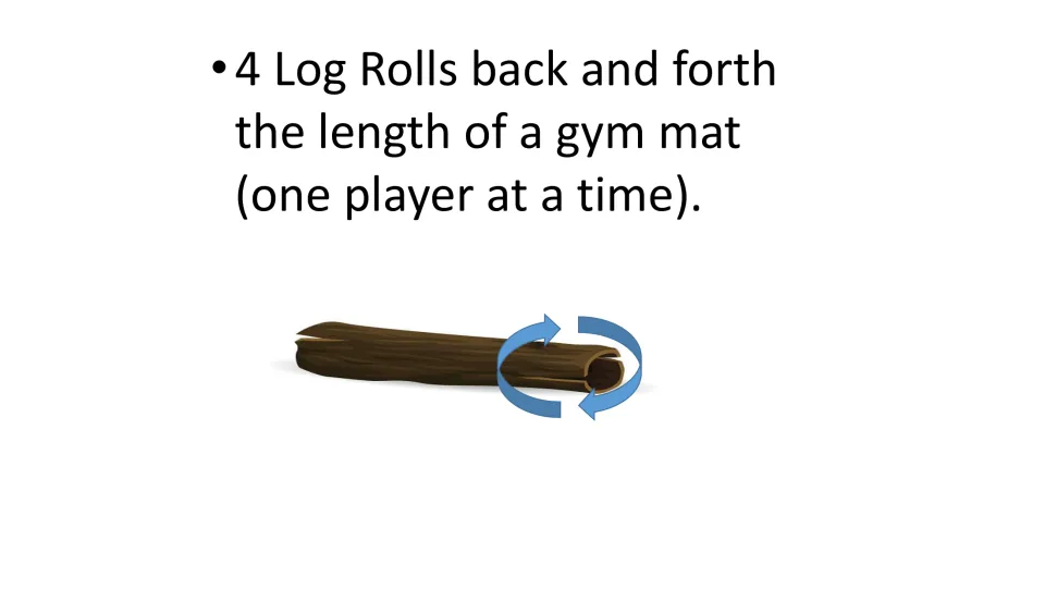 Exercise task card directs four log rolls back and forth along the length of a gym mat, one player at a time.