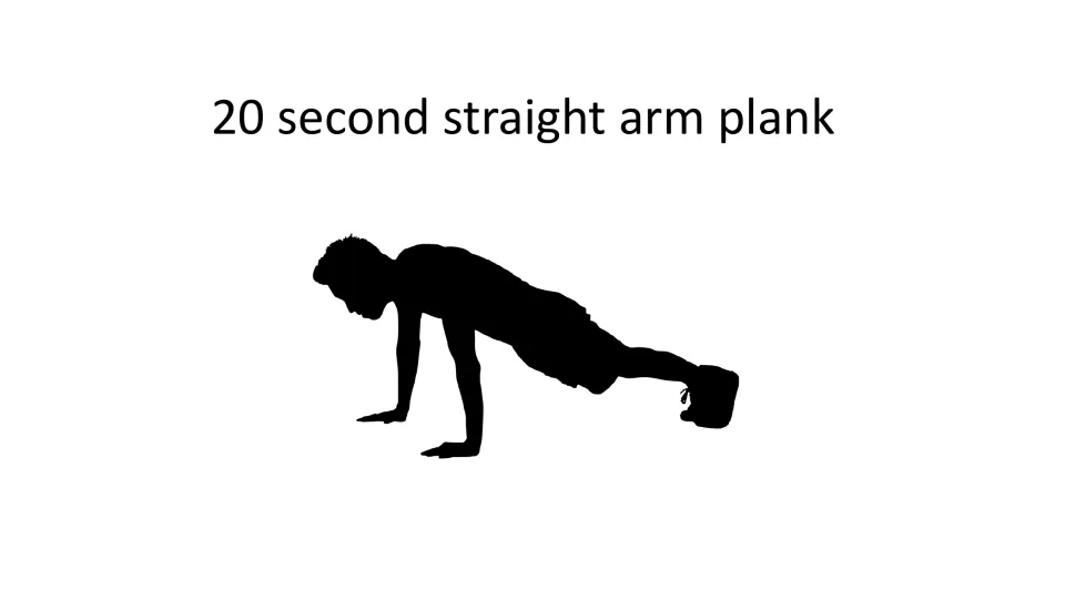 Exercise task card calls for a 20-second straight-arm plank and illustrates the position with a silhouette.