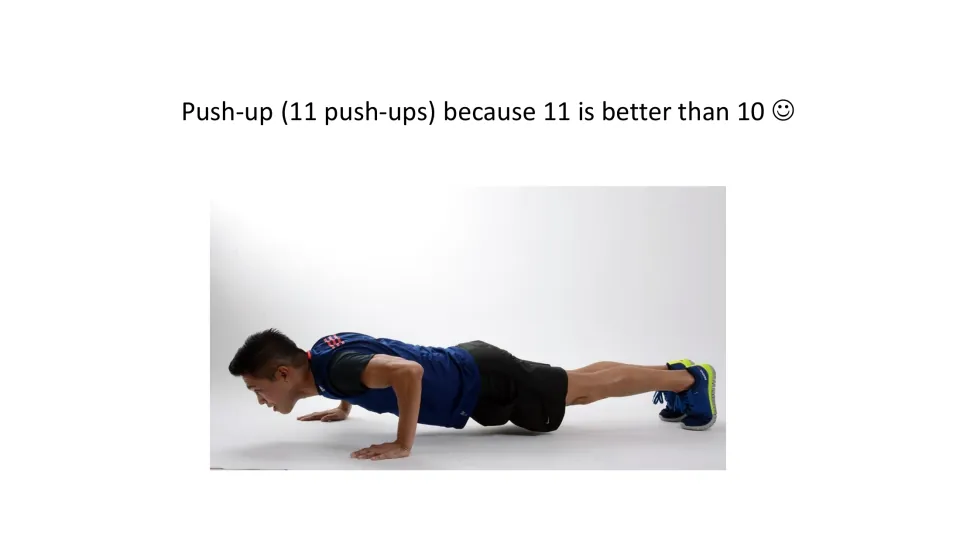 Exercise task card assigns 11 push-ups, says “11 is better than 10,” and shows a person in a push-up position.
