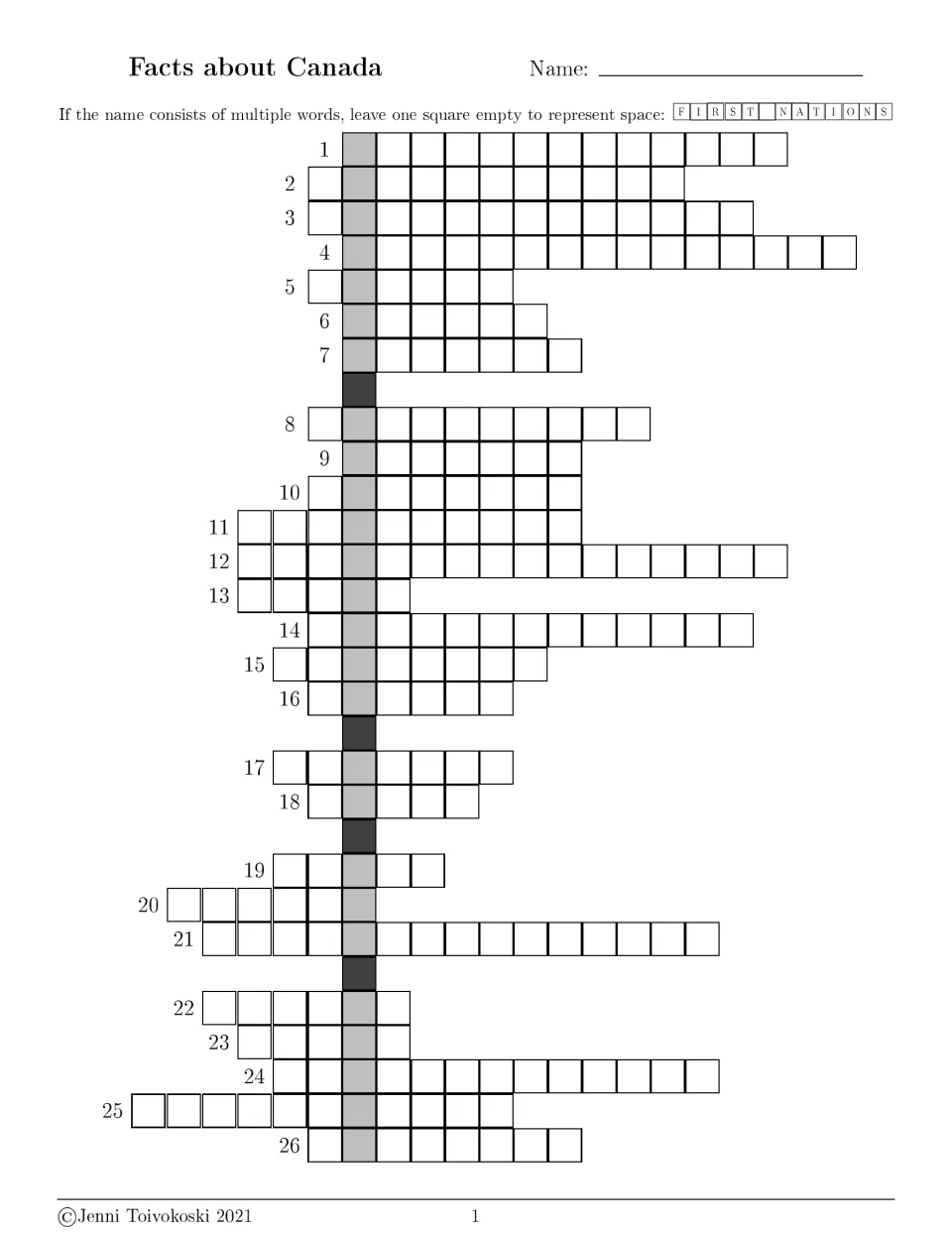 Facts about Canada crossword grid: students fill in 26 numbered answers, and the shaded column spells a hidden message