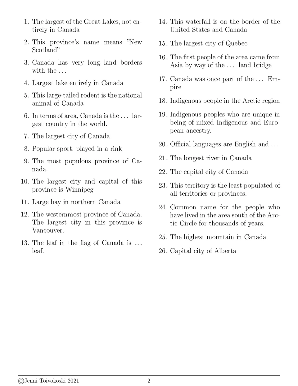Canada clues 1 to 26: students recall facts about lakes, provinces, cities, national symbols and Indigenous peoples