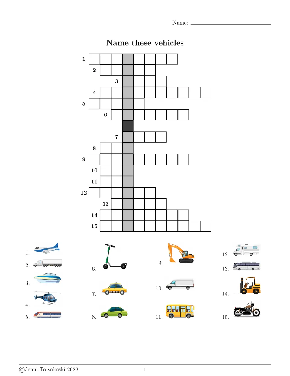 Name these vehicles: students write the names of 15 pictured vehicles, such as a bus and taxi, into the crossword grid