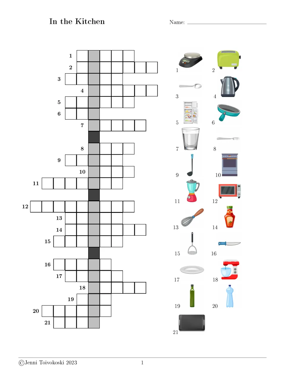 In the Kitchen crossword: students spell 21 pictured items such as a toaster, kettle and whisk to fill the numbered grid