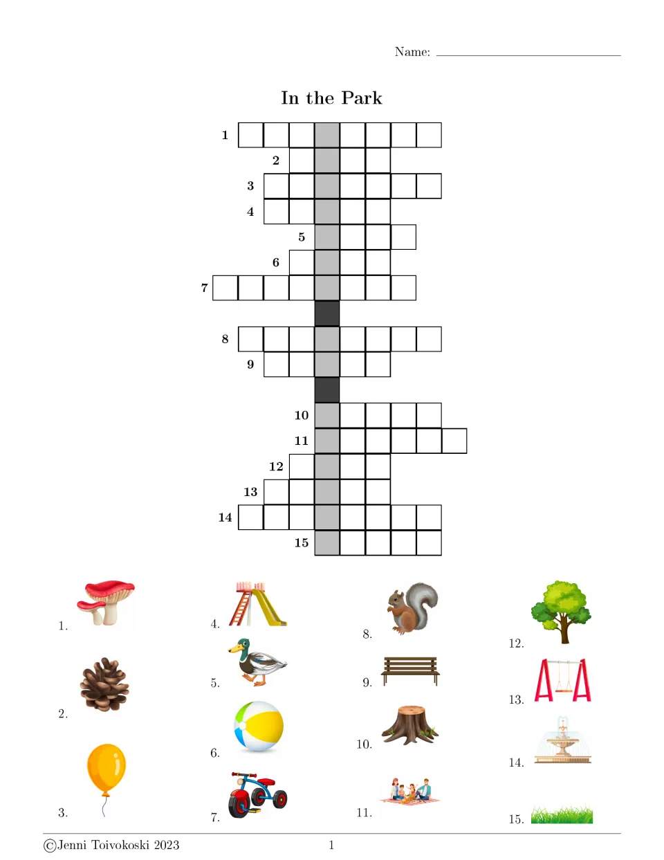 Park vocabulary picture crossword: students name 15 pictures such as a duck, slide and swing and spell each word
