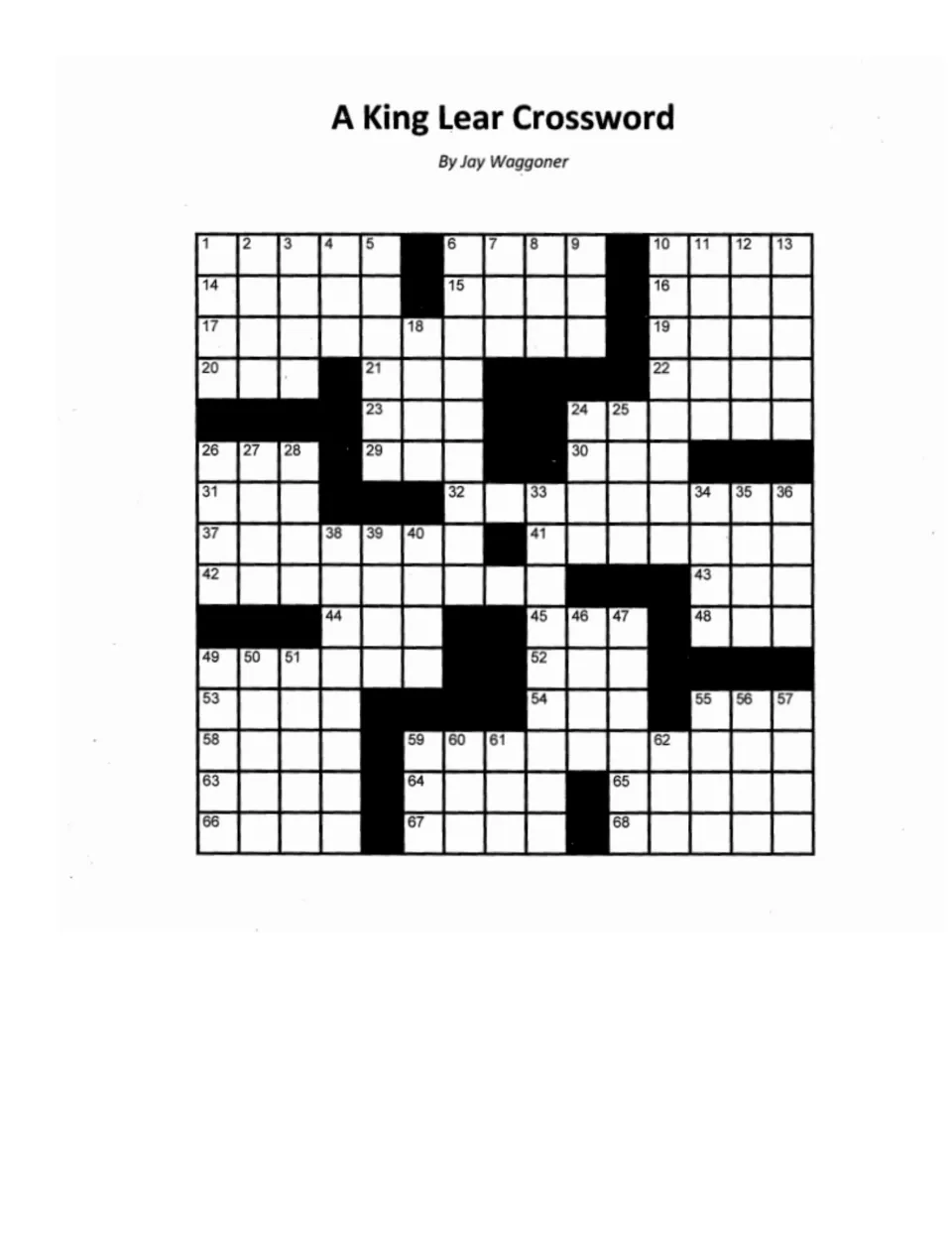 King Lear crossword by Jay Waggoner: blank puzzle numbered 1 to 68 that students fill in using the separate clue list