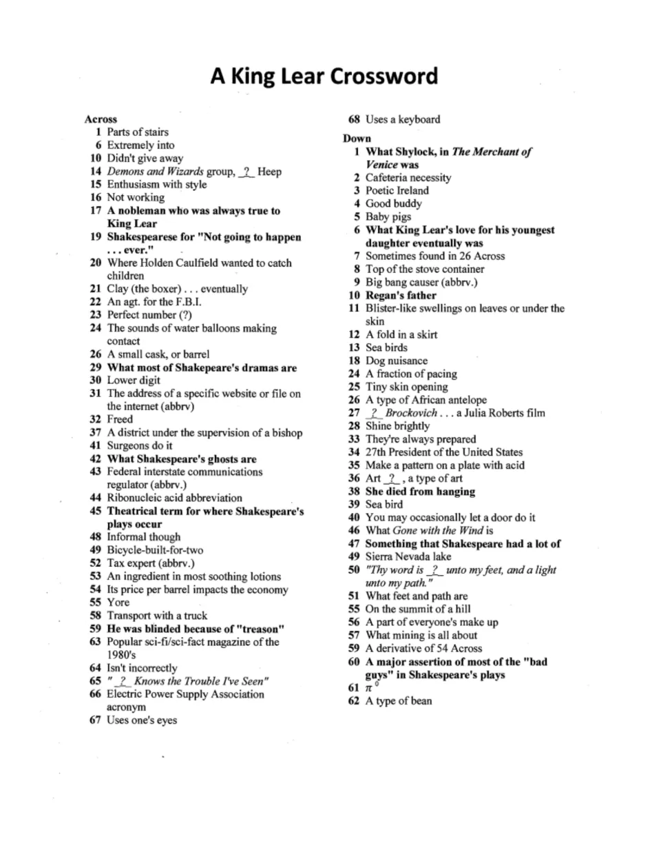 Across and Down clues that mix King Lear questions, like Regan's father and who was blinded for treason, with general trivia