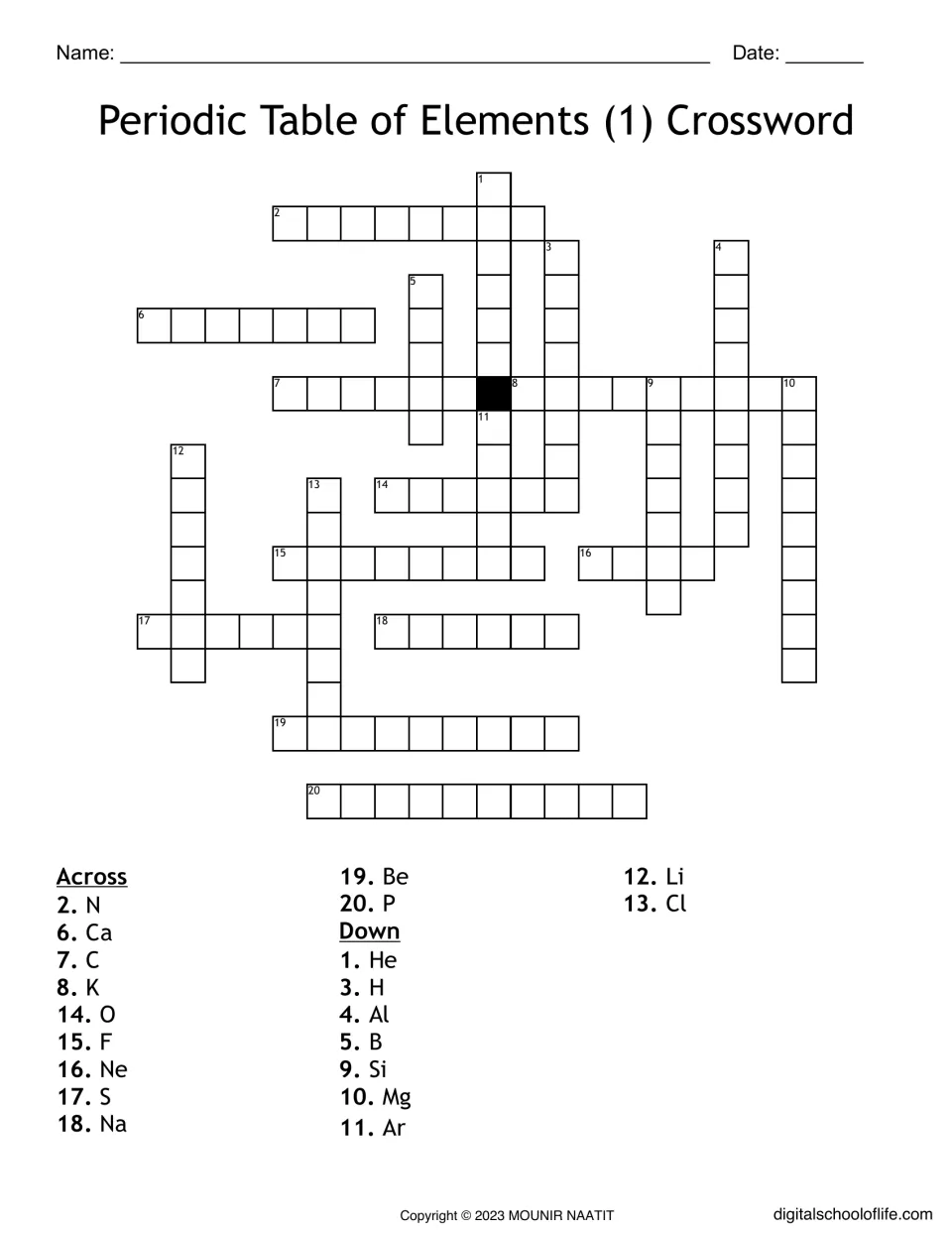 Element symbols crossword: students write the full element name for each of 20 symbol clues, such as N, Ca, K and Mg