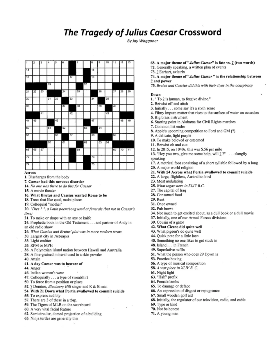 Julius Caesar crossword: students answer across and down clues on the play's plot, themes and conspiracy, mixed with trivia