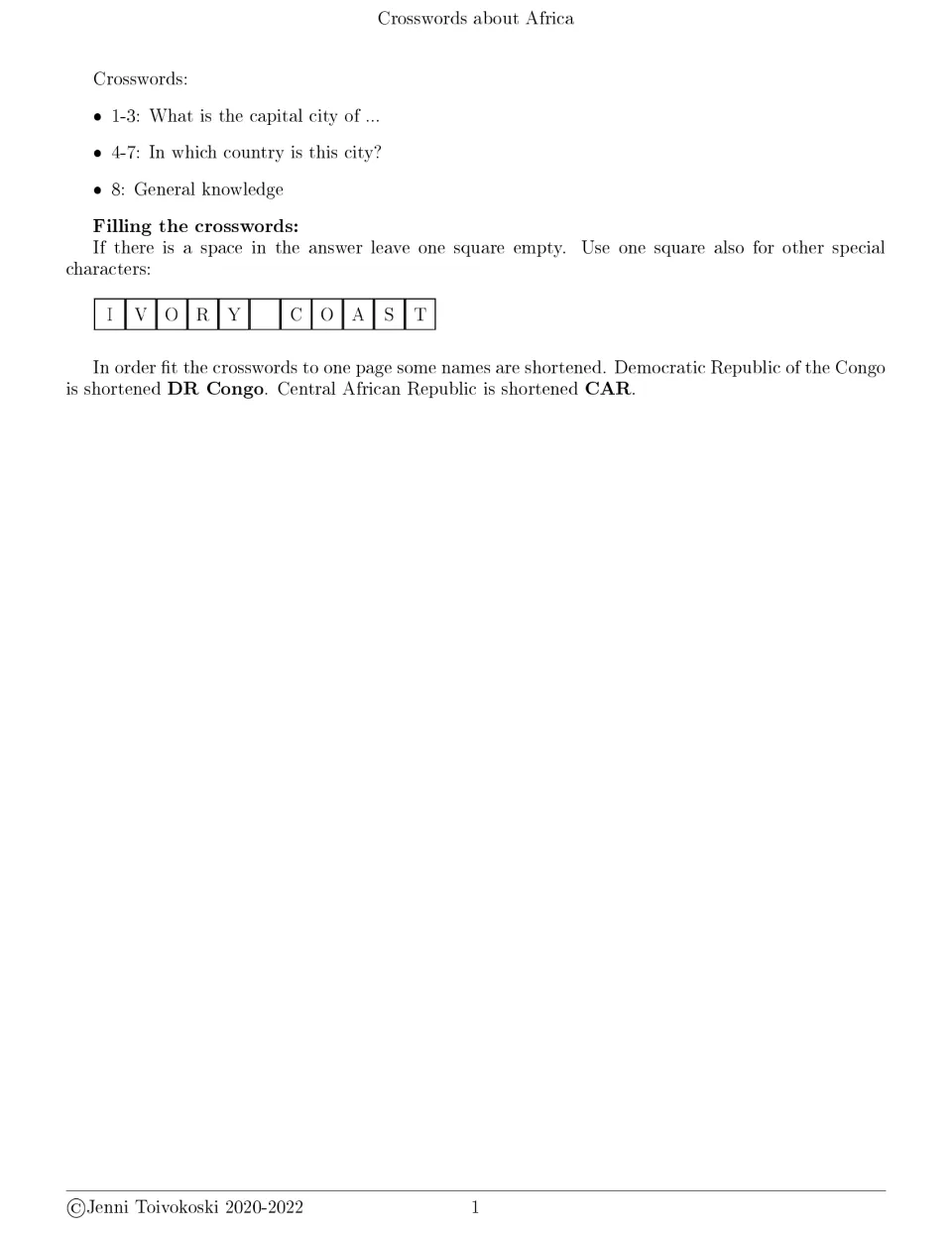Crossword instructions: puzzle topics listed, with an IVORY COAST example showing one blank square for a space