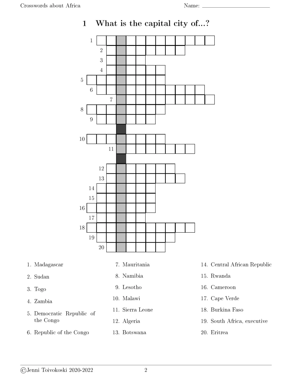 African capitals crossword 1: students write the capital city of 20 countries, from Madagascar to Eritrea