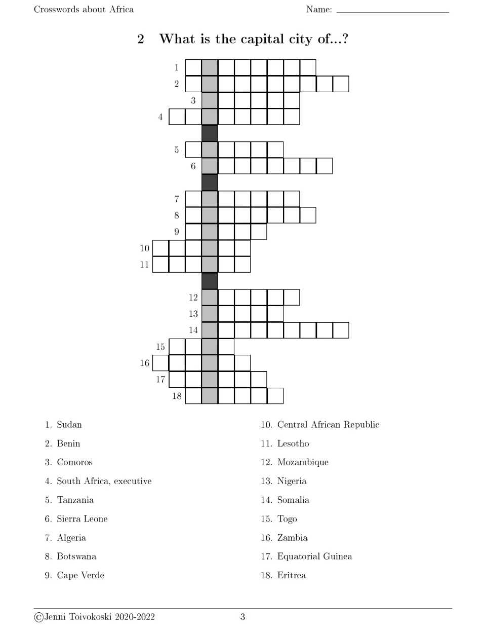 Capital cities crossword 2: students name the capitals of 18 African countries including Benin, Comoros and Somalia