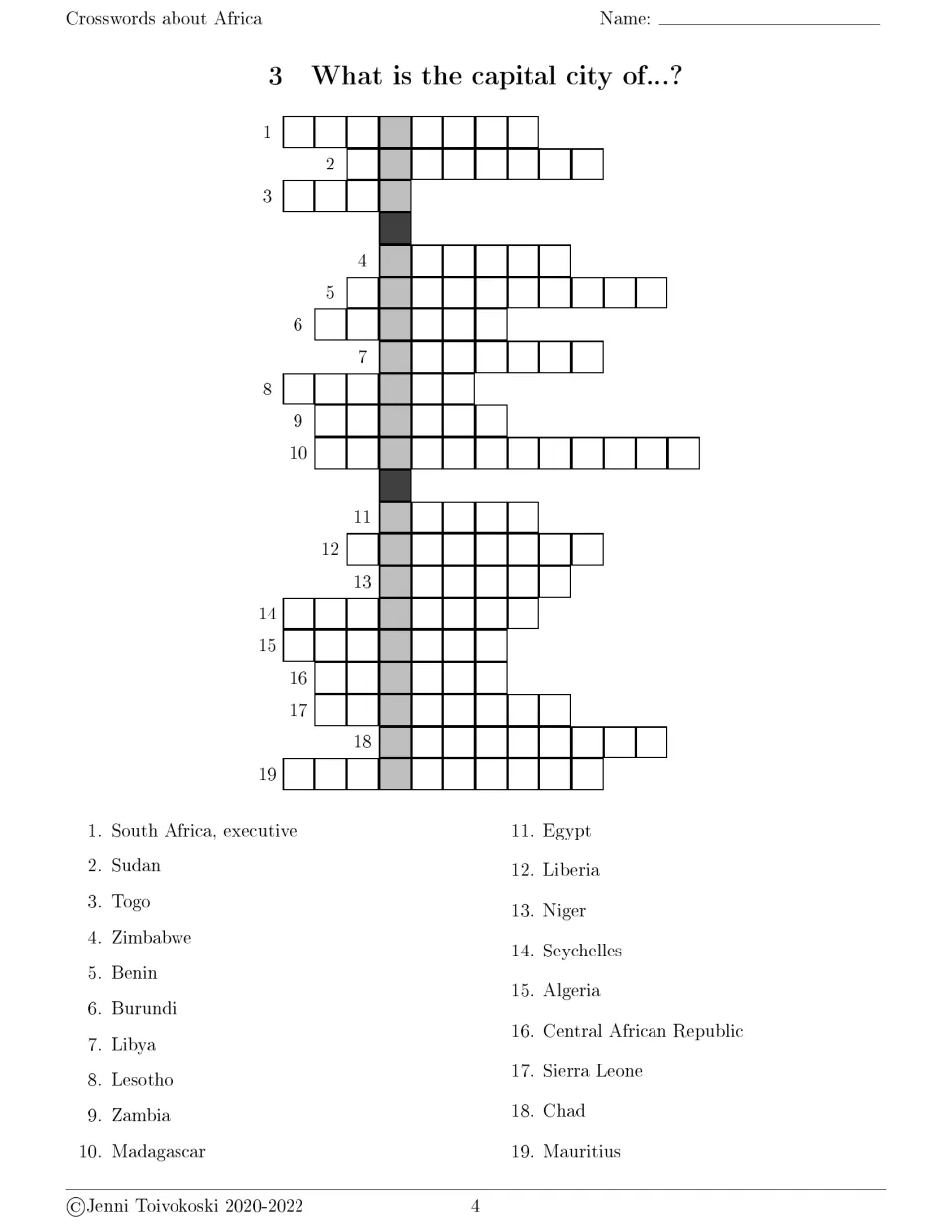 Capital cities crossword 3: students recall capitals for 19 African nations such as Zimbabwe, Egypt, Chad and Mauritius