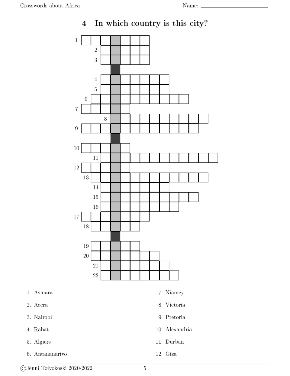 City-to-country crossword 4: students identify the African country for 22 cities, clues 1 to 12 run Asmara to Giza