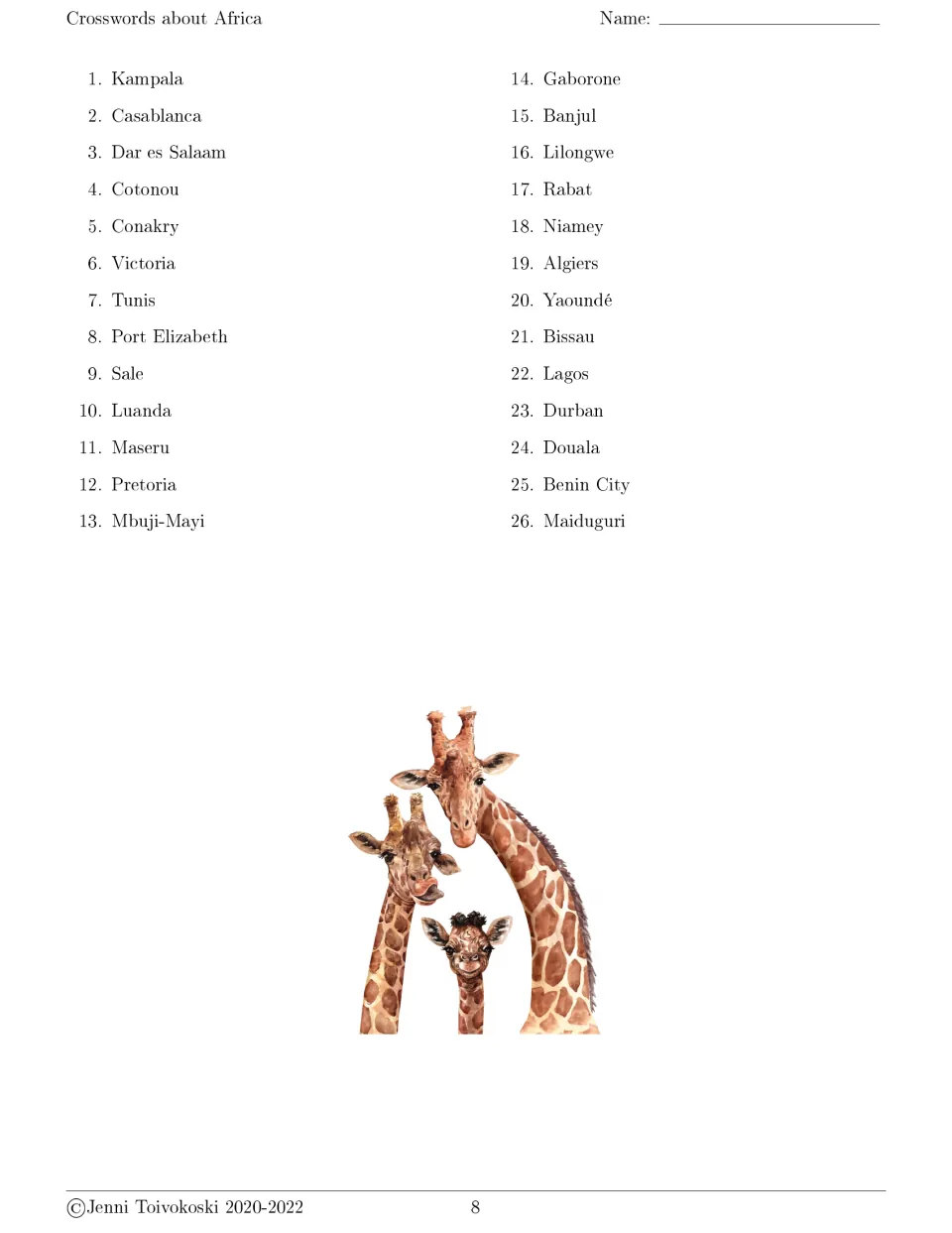 Crossword 5 city clues 1 to 26, Kampala to Maiduguri, for students to place by country; giraffe family drawing