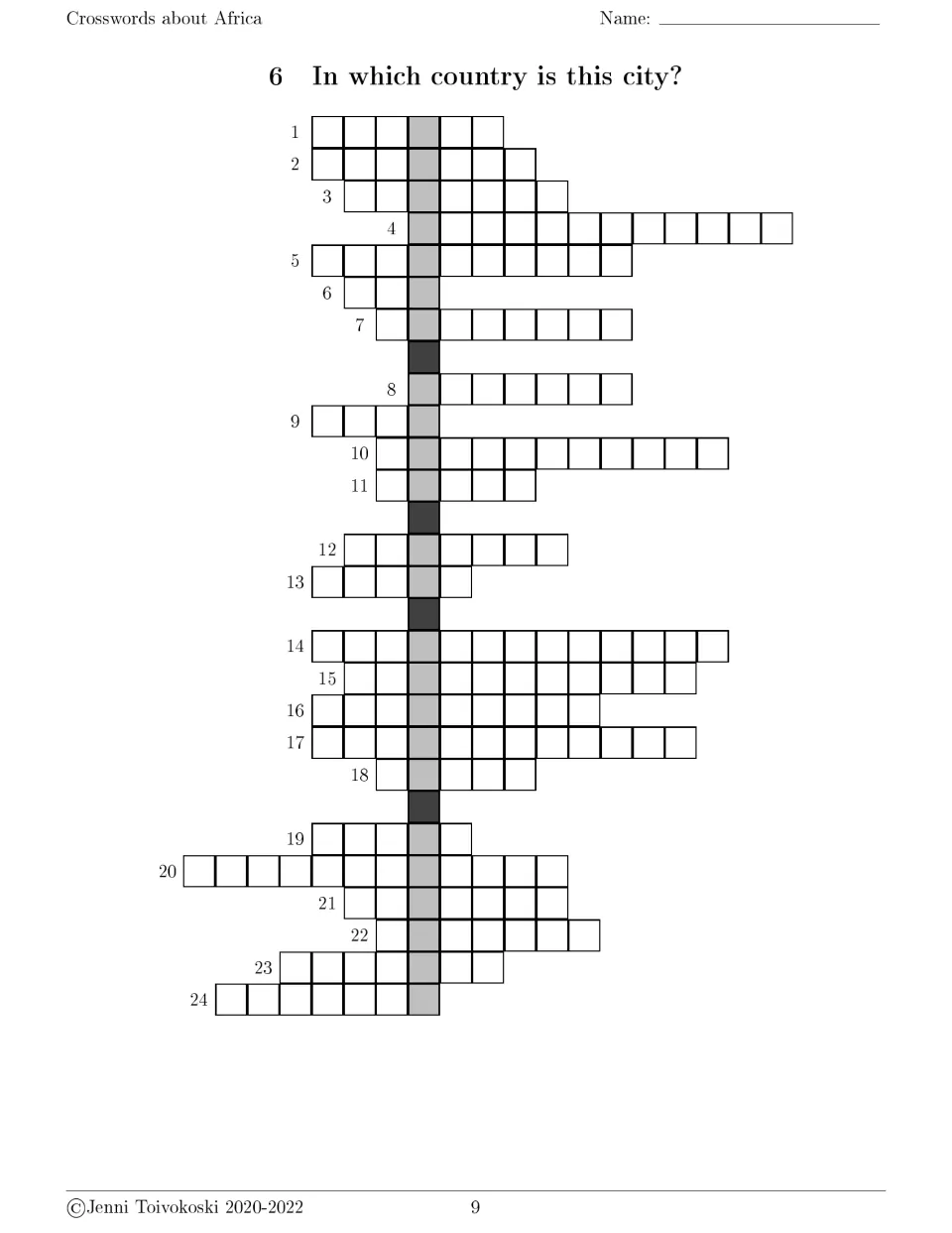 City-to-country crossword 6: students fill in 24 answers, each the African country where a clued city lies