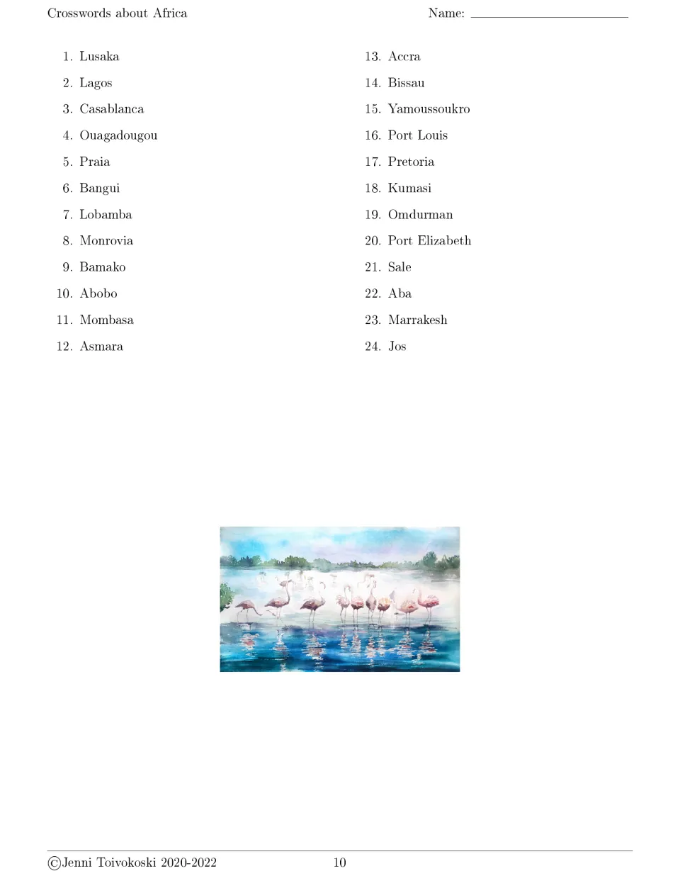 Crossword 6 city clues 1 to 24, Lusaka to Jos, such as Ouagadougou and Marrakesh, with a flamingo watercolor