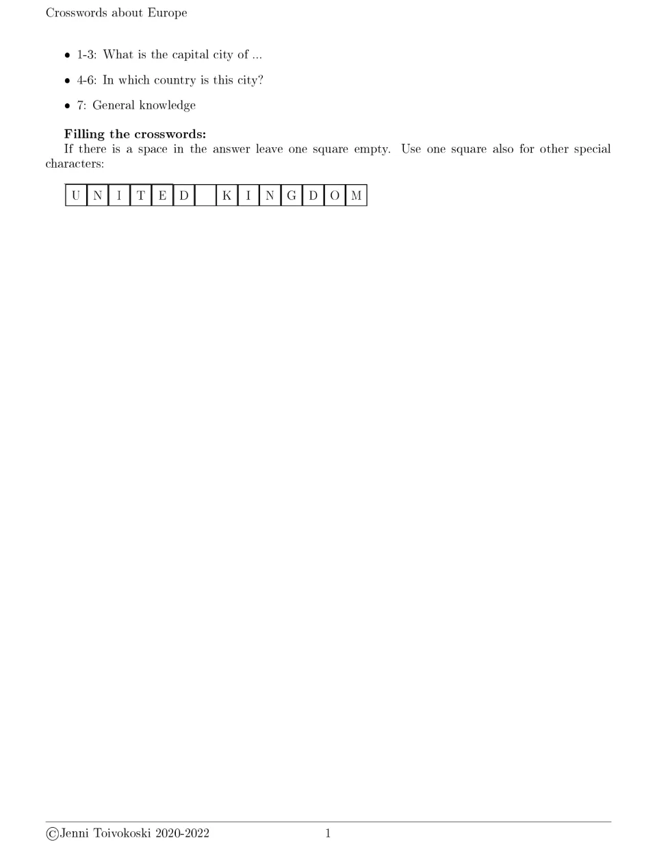 Europe crossword instructions identify three puzzle topics and explain spaces using United Kingdom.