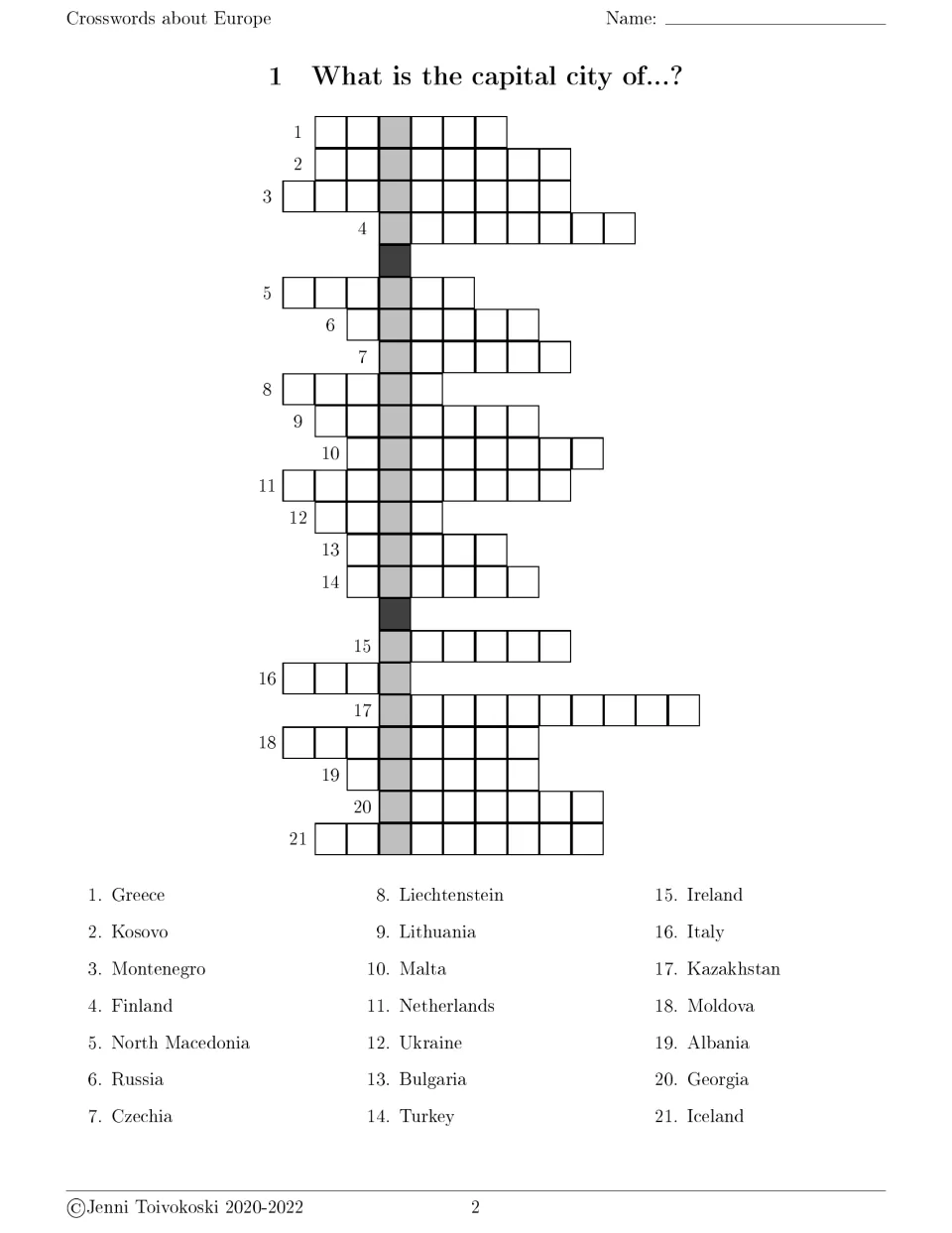 Capital city crossword 1 has 21 country clues, including Greece, Kosovo, Montenegro, Finland, and Italy.