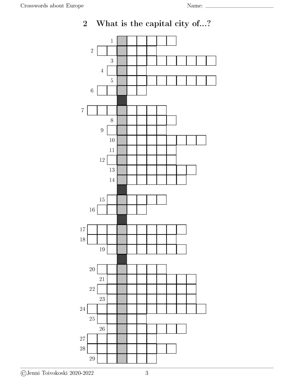 Capital city crossword 2 has 29 numbered entries to complete using the country clues on the next page.