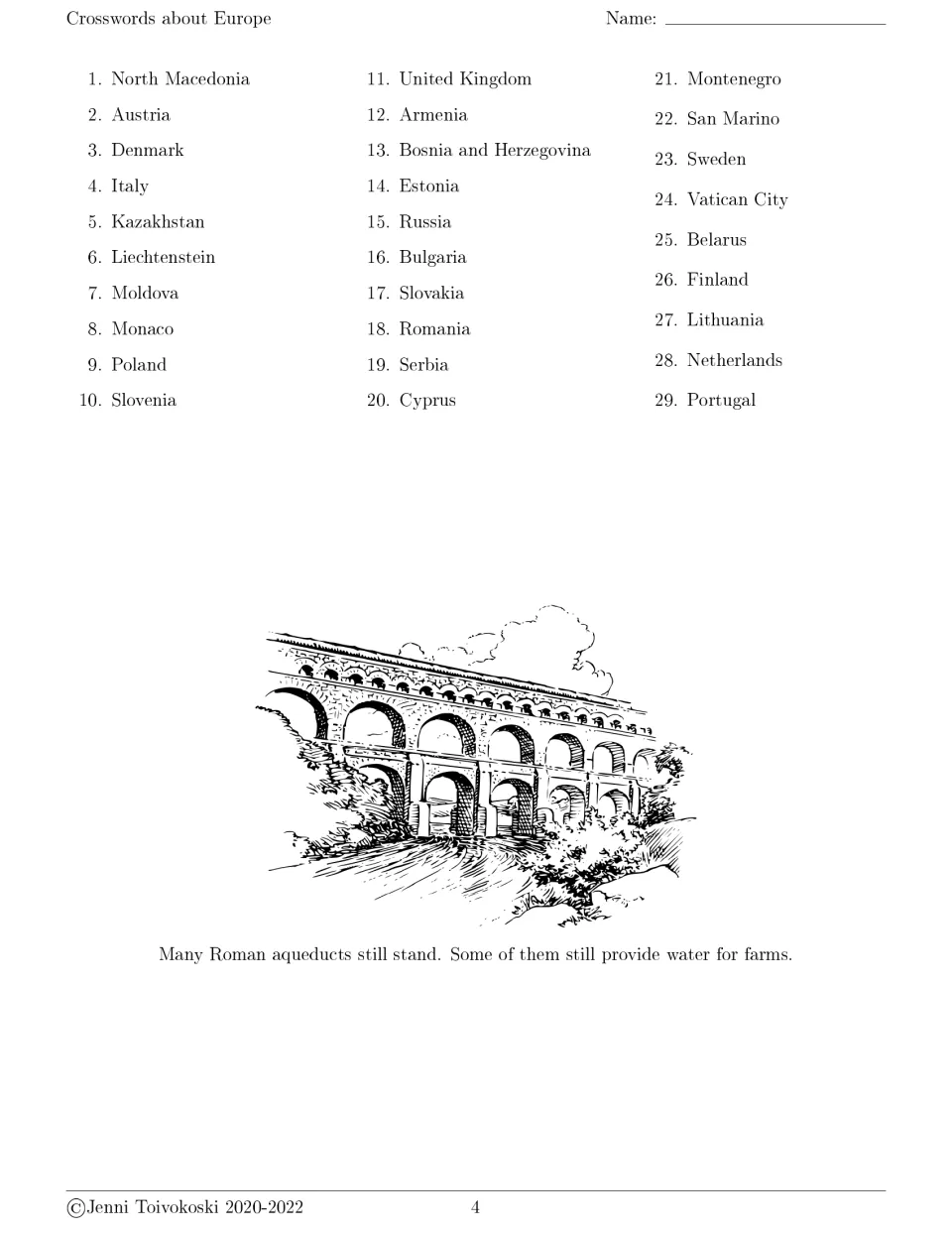 Country clues for capital city crossword 2 include Austria and Denmark, plus an illustrated aqueduct fact.