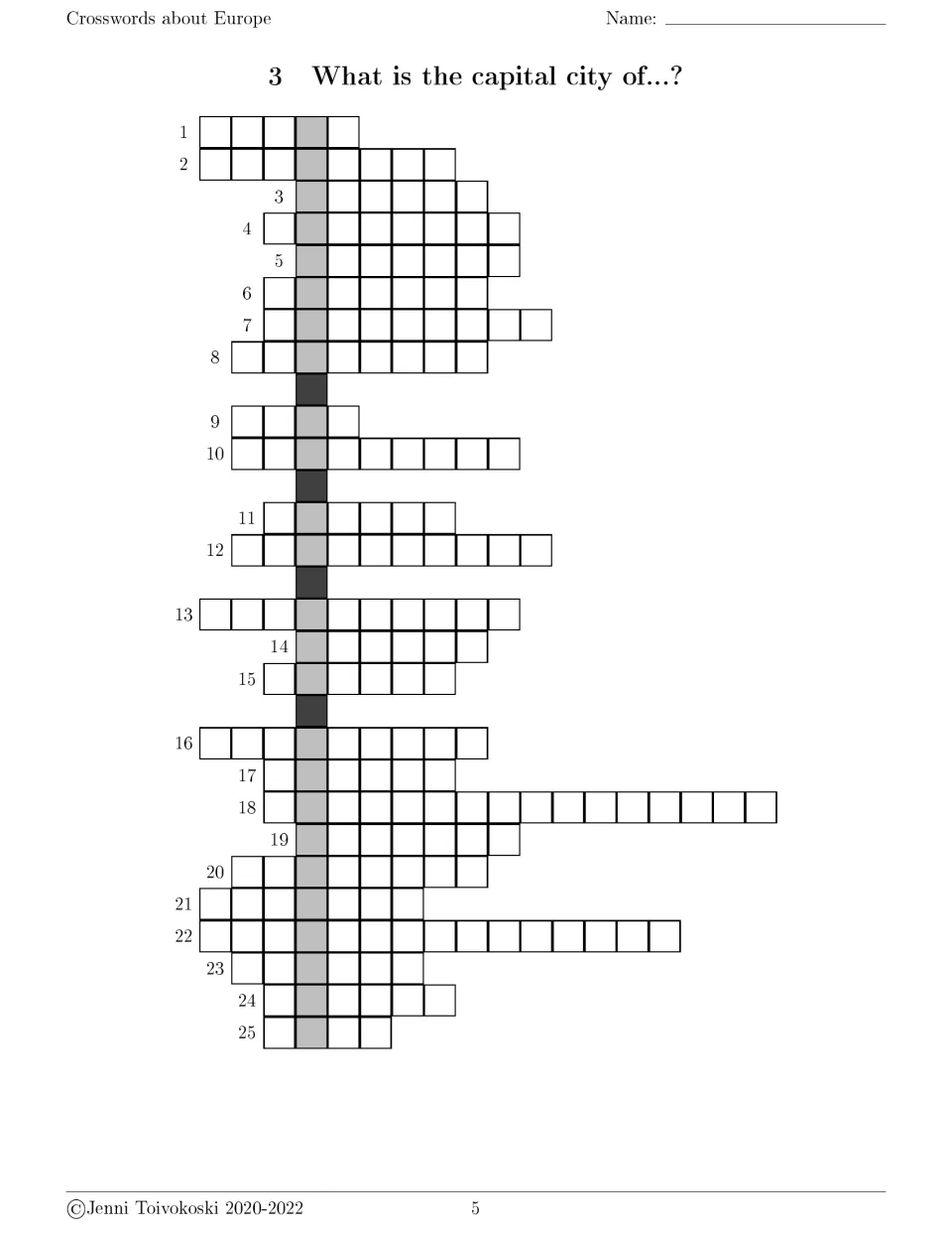 Capital city crossword 3 has 25 numbered entries to complete using the country clues on the next page.