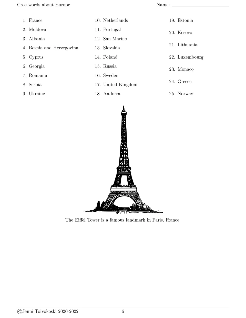 Country clues for capital city crossword 3 include France and Moldova, plus an illustrated Eiffel Tower fact.