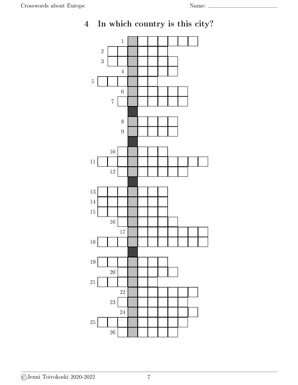 Europe crossword 4 asks which country each city is in, with 26 entries and clues on the following page.