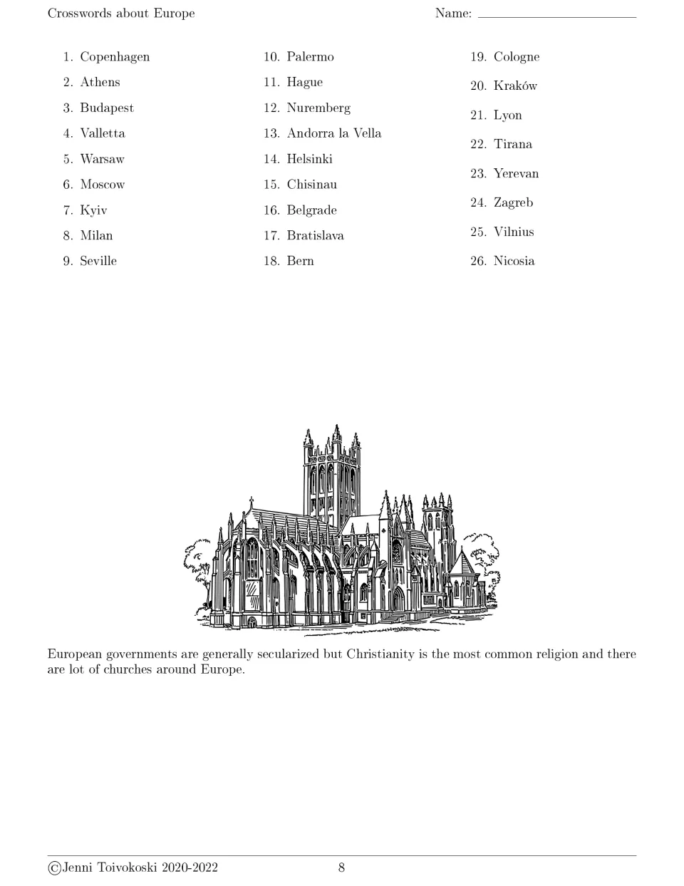 City clues for crossword 4 include Copenhagen, Athens, and Budapest, plus a note on Christianity in Europe.