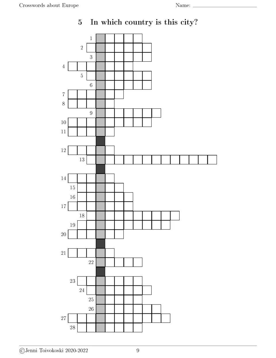 Europe crossword 5 asks which country each city is in, with 28 entries and clues on the following page.