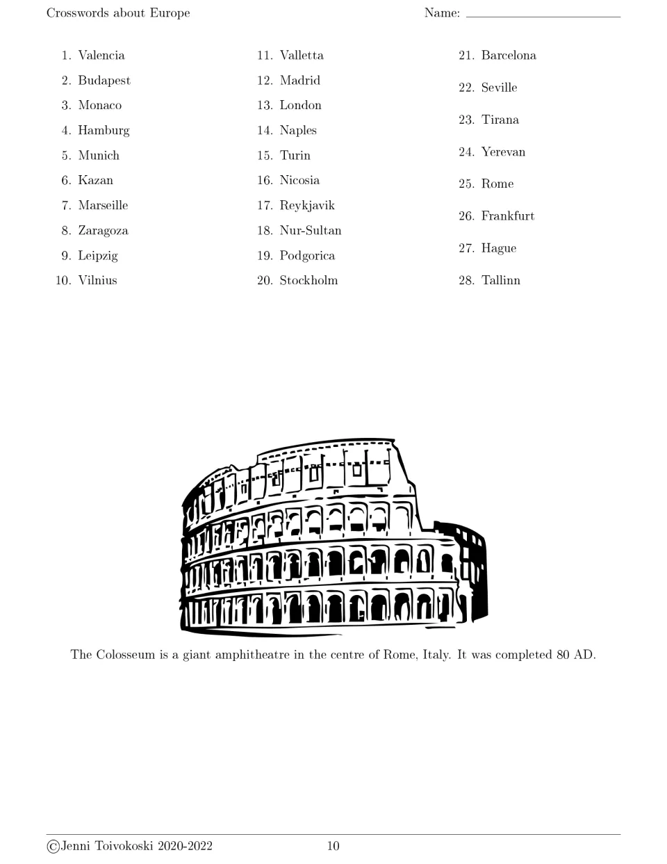City clues for crossword 5 include Valencia, Budapest, and Monaco, plus an illustrated Colosseum fact.