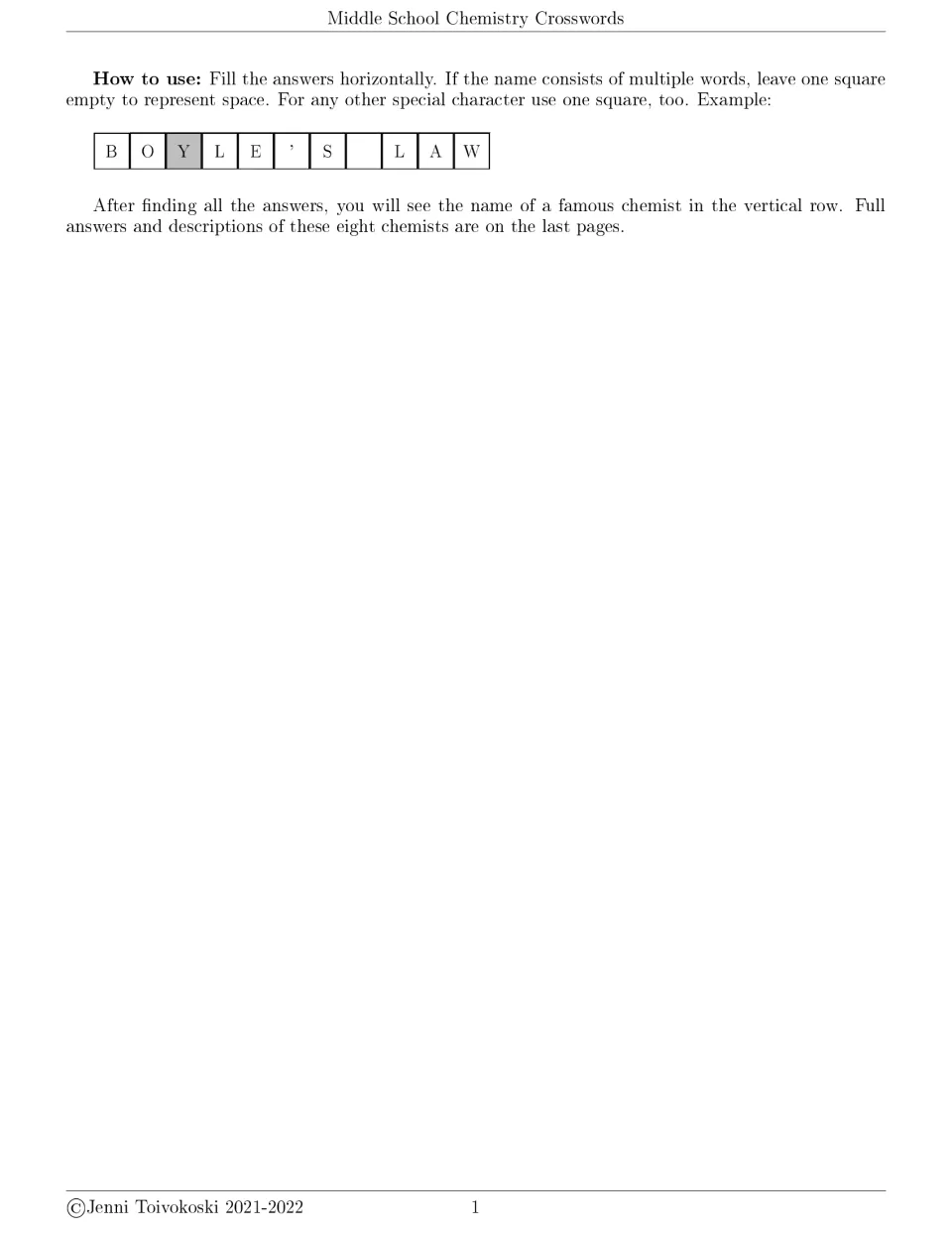 Crossword instructions: fill answers across to reveal a famous chemist's name down the shaded column; Boyle's Law example