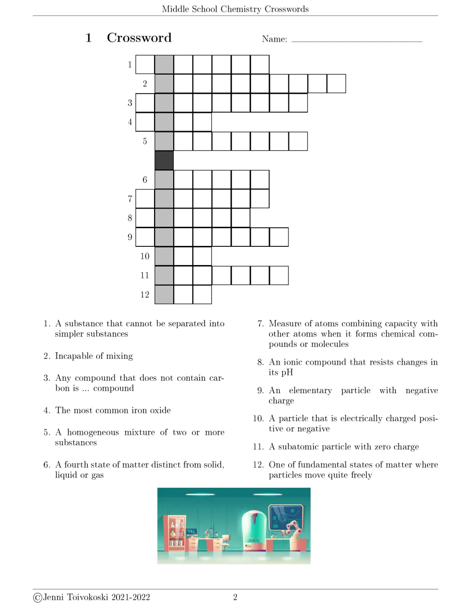 Crossword 1: students solve 12 chemistry clues on elements, mixtures, electrons, ions, buffers and states of matter