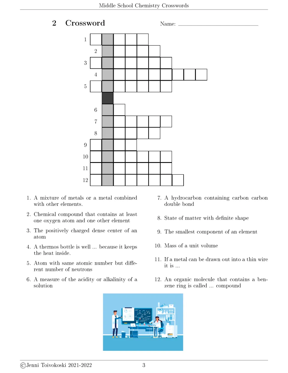 Crossword 2: students answer 12 clues on alloys, oxides, the nucleus, isotopes, pH, alkenes, density and aromatic compounds