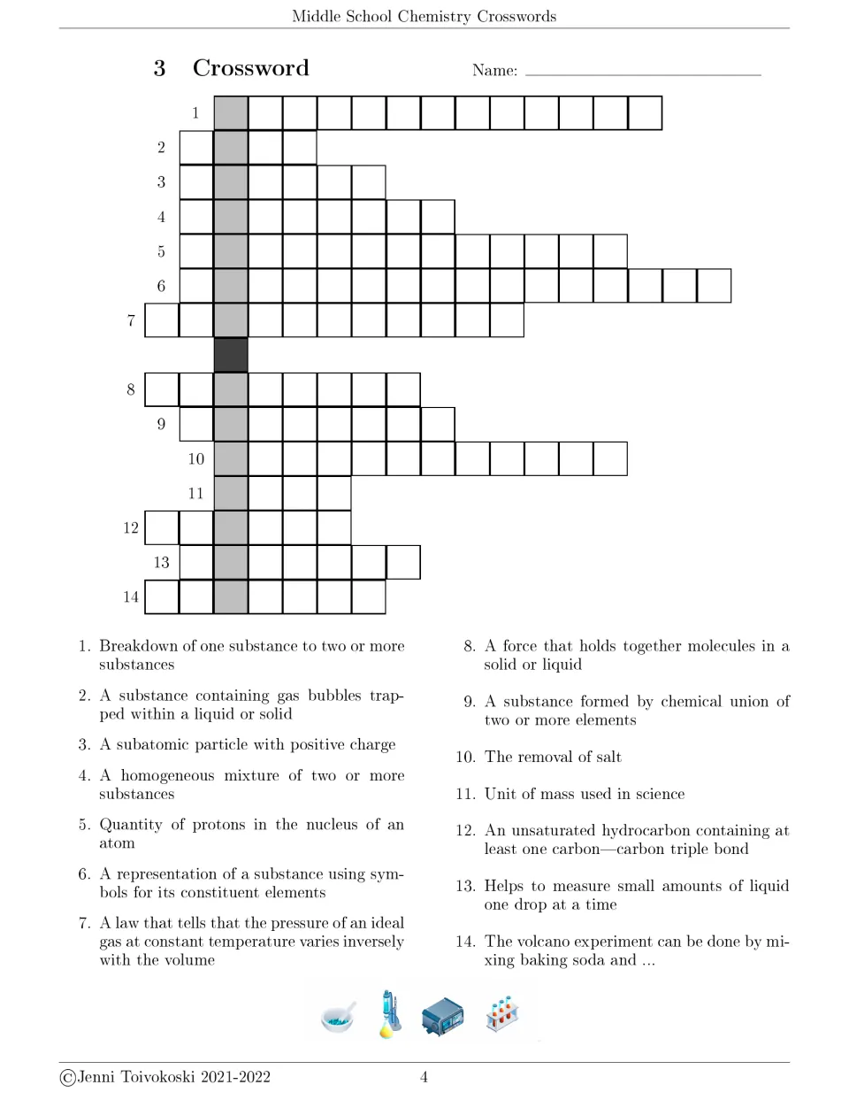 Crossword 3: students solve 14 clues on decomposition, protons, atomic number, Boyle's law, alkynes and desalination