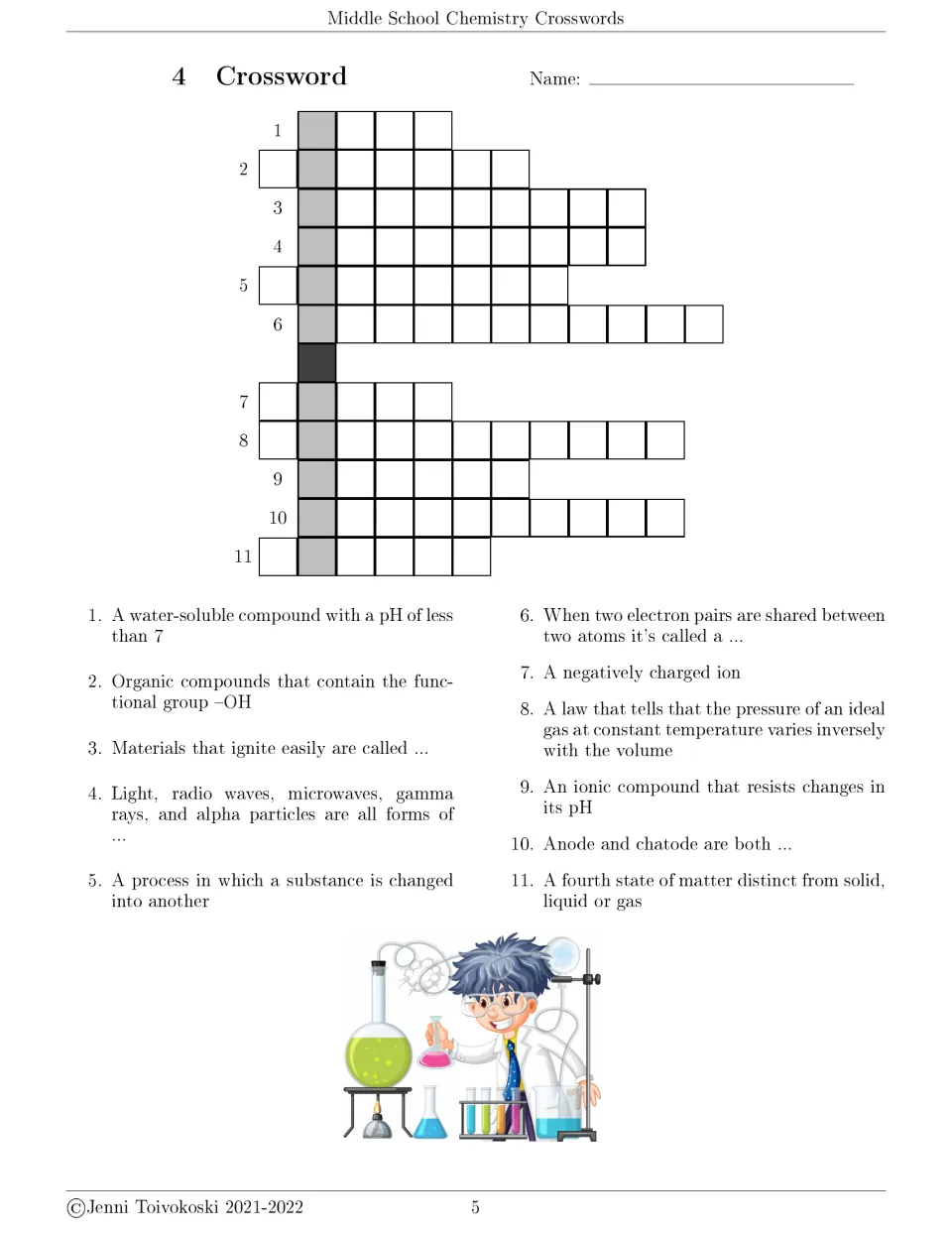 Crossword 4: students solve 11 clues on acids, alcohols, radiation, anions, double bonds, electrodes and plasma